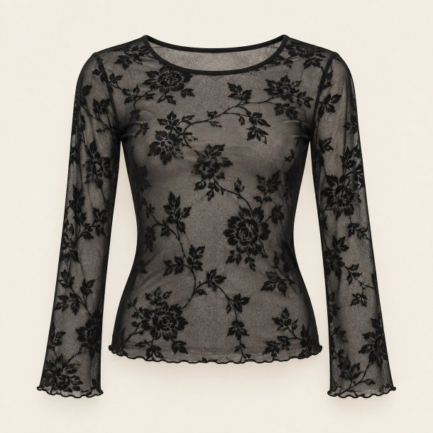 Sort blomstret mesh-top