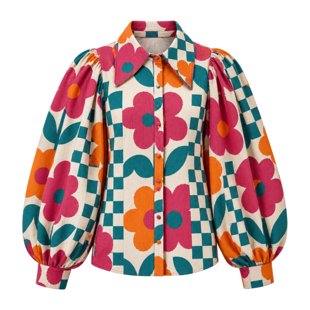 Grafisk blomstret ballonbluse