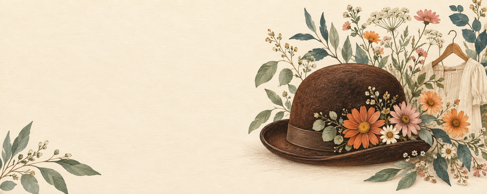 H�ndtegnet bowlerhat med blomster og blade i retrofarver.