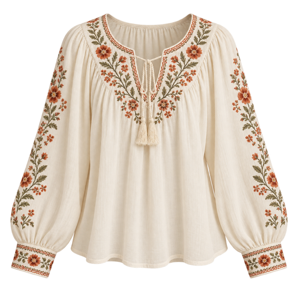 Broderet elfenbensbluse