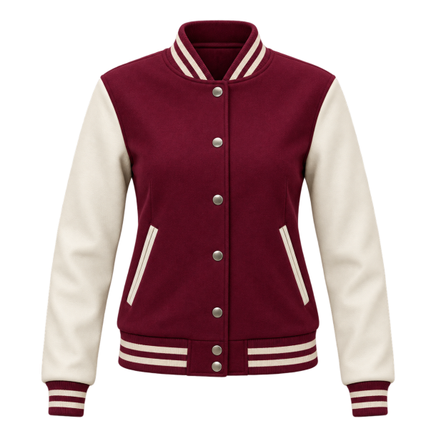 Bordeaux og cremefarvet collegejakke
