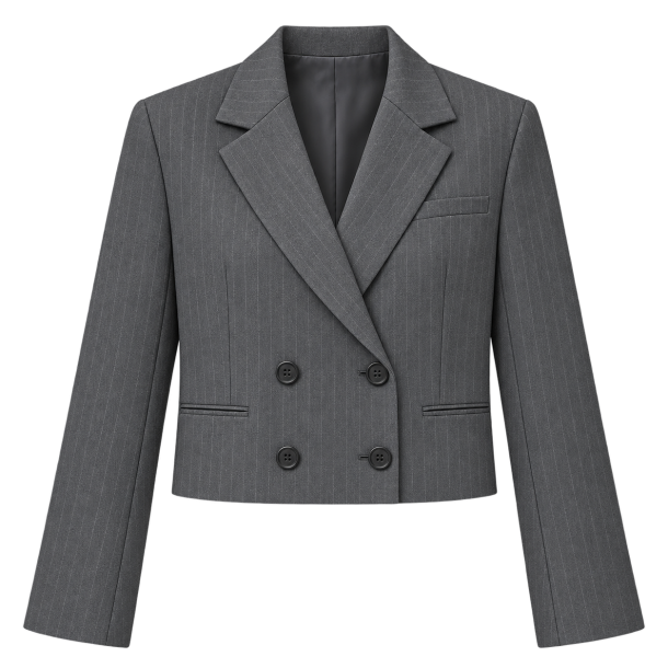 Gr� kort dobbeltradet blazer med n�lestriber