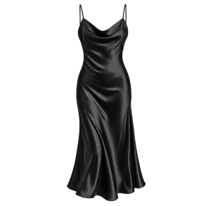 Sort slipdress med vandfaldsudsk�ring
