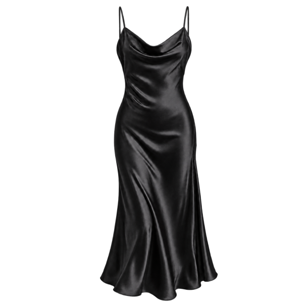 Sort slipdress med vandfaldsudsk�ring