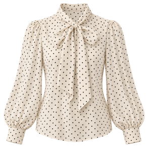 Cremefarvet prikket bluse med bindeb�nd