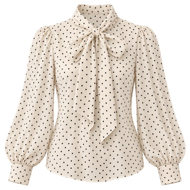 Cremefarvet prikket bluse med bindeb�nd