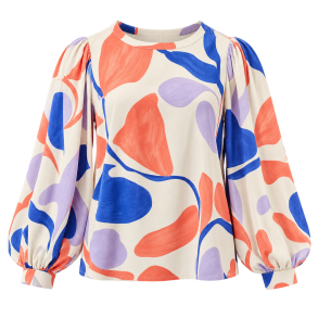 Cremefarvet bluse med abstrakt kunstprint